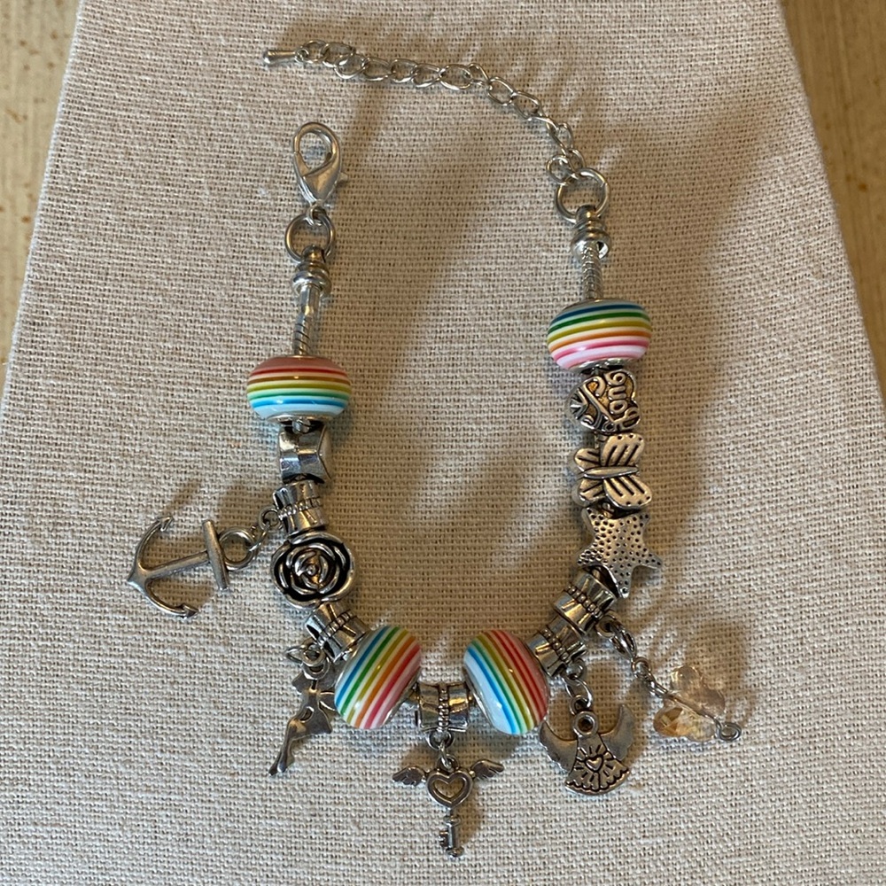 Silver Charm Bracelet with Colorful Beads